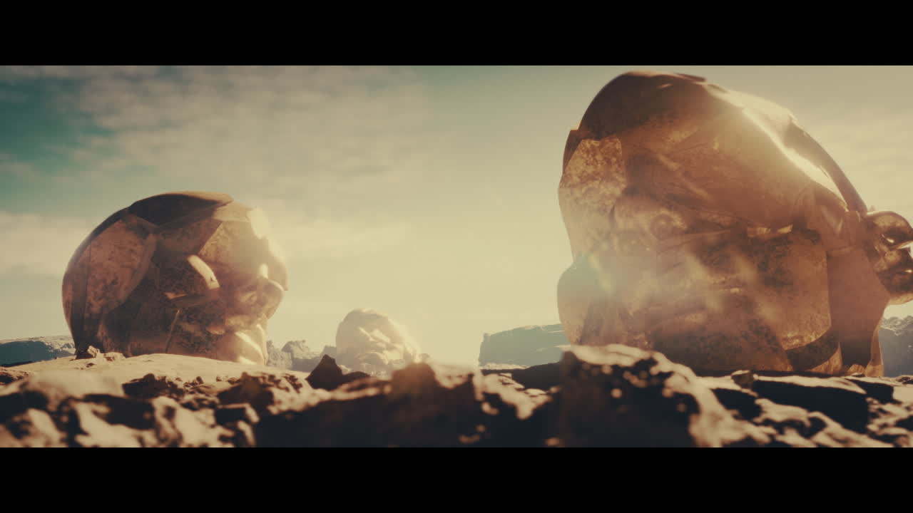 Huge golden statues in the desert during sunset