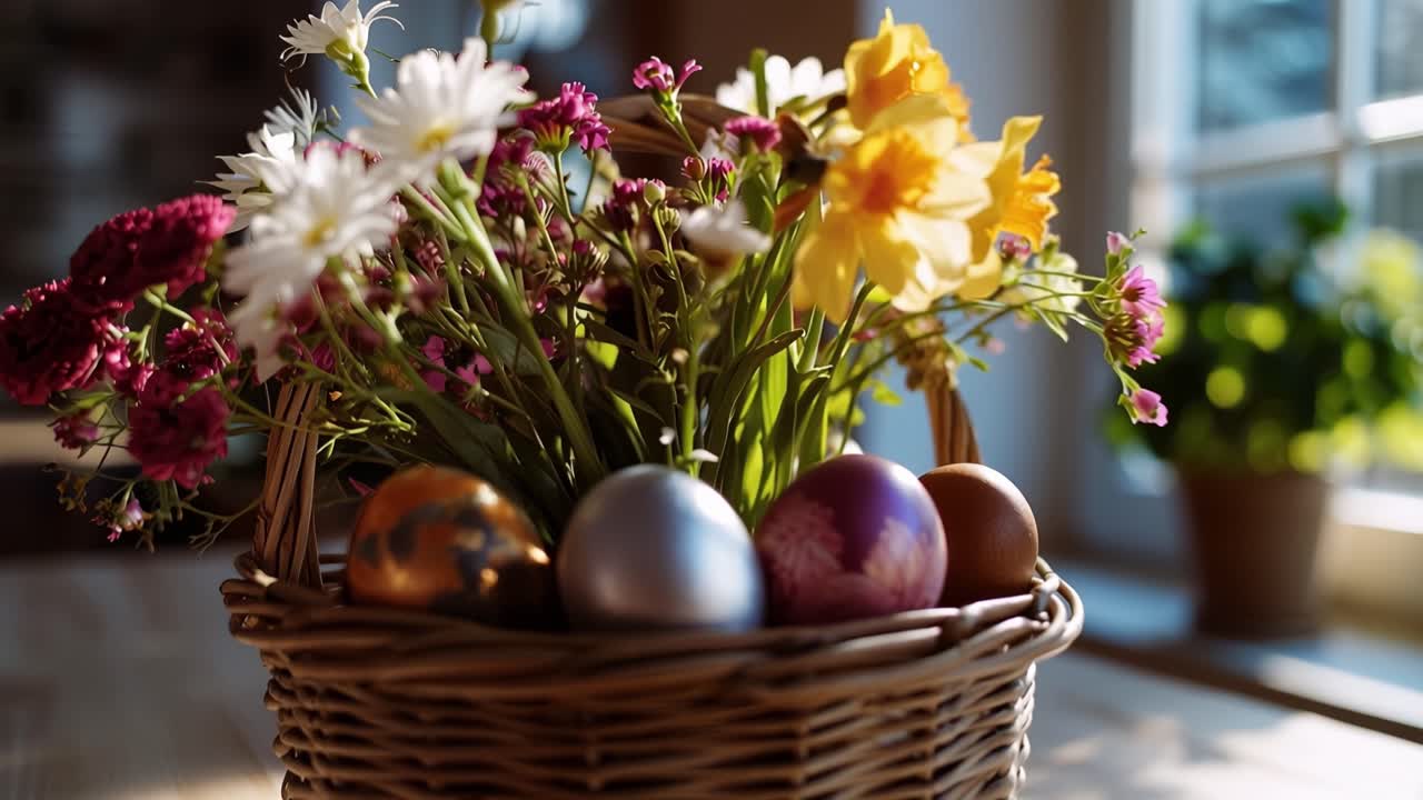 Woven basket holds colorful Easter eggs and spring flowers. Sunlight streams through a window, warming the wooden floor. Blooming daffodils, white daisies, and purple blooms add cheerful hues