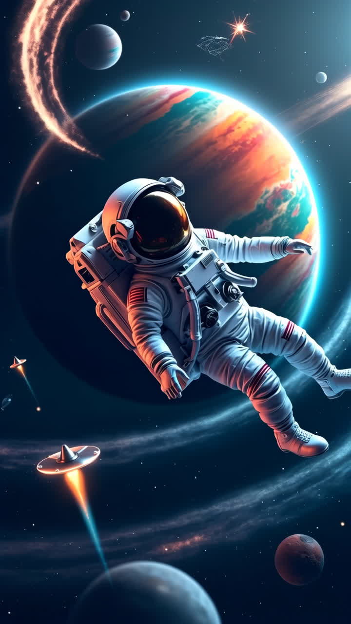 Astronaut Floating in Deep Space with Distant Planet and Stars