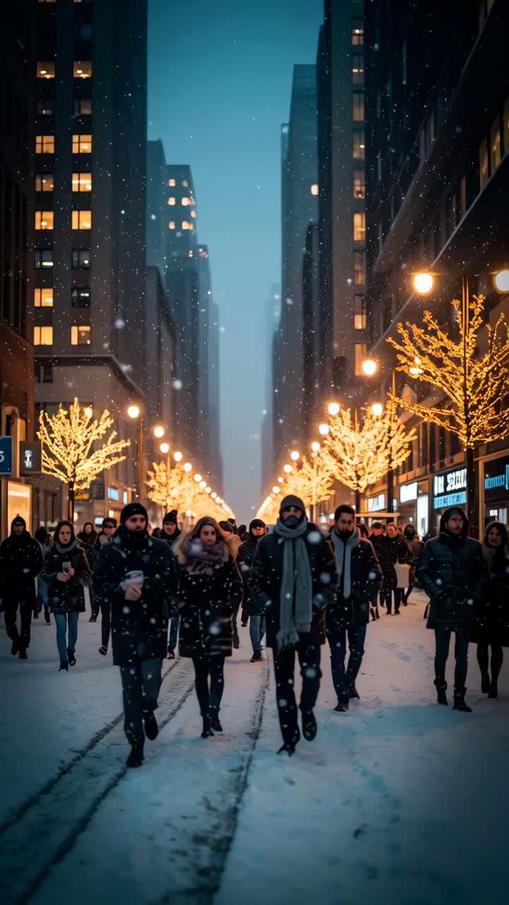 People Walking on a Snowy City Street at Night with Festive Lights