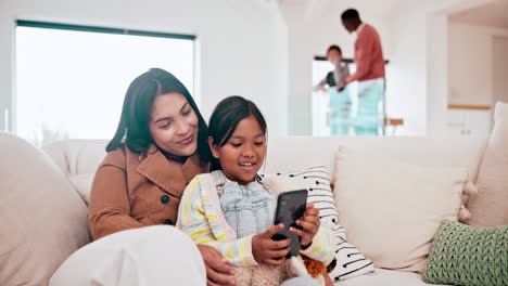 Happy,-selfie-and-child-with-mother-on-a-sofa