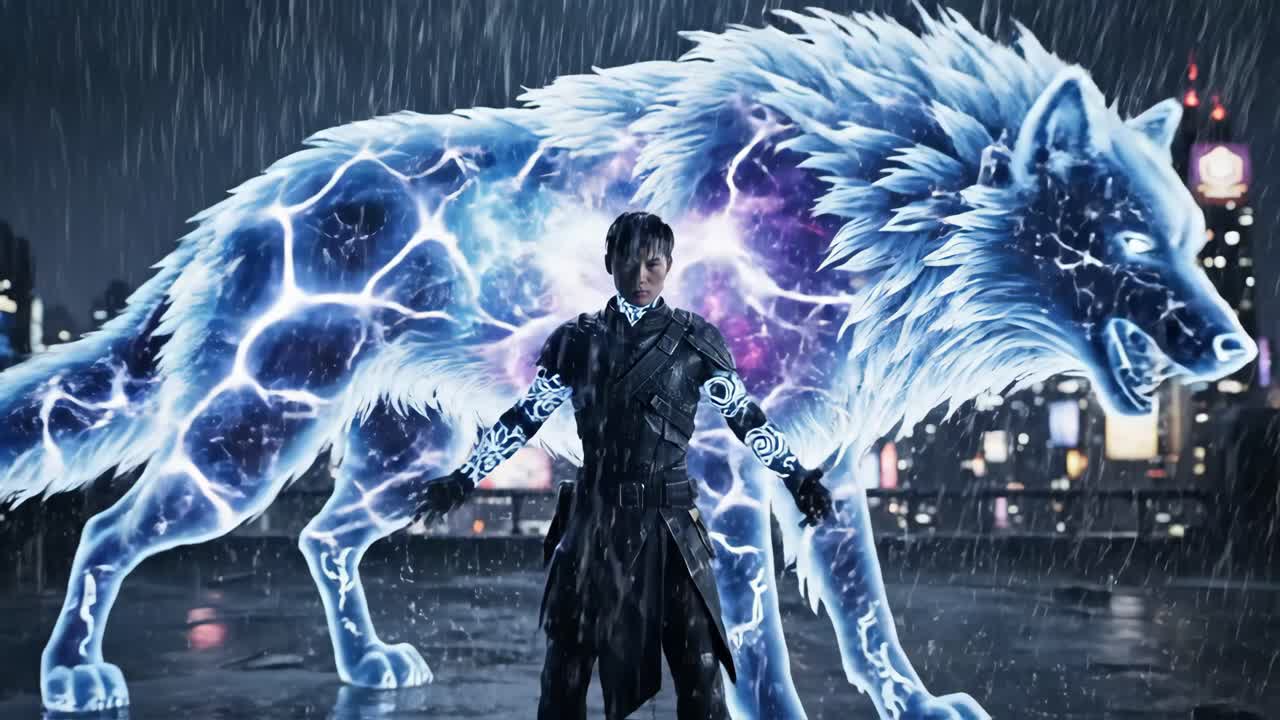 A Man and his Lightning Wolf in the City Rain