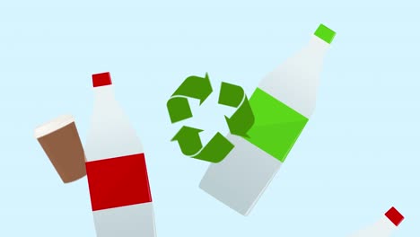 plastic bottles, coffee cups trash garbage falling, seamless loop 4k animation, recycling symbol