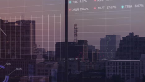 animation of financial data processing over cityscape