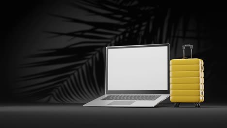 espacio de trabajo remoto de nómada digital durante la temporada de vacaciones, palma portátil moderna y equipaje en animación de renderización 3d