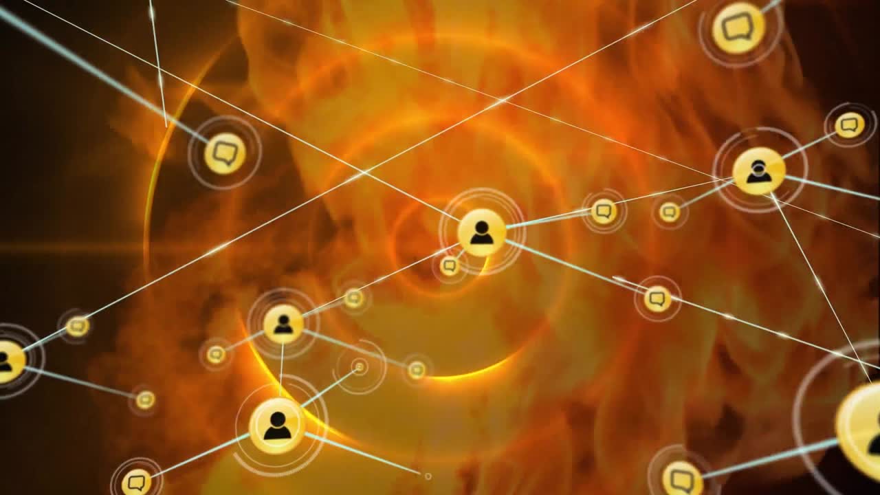 파란색 배경의 모양 위에 아이콘을 가진 연결 네트워크의 애니메이션