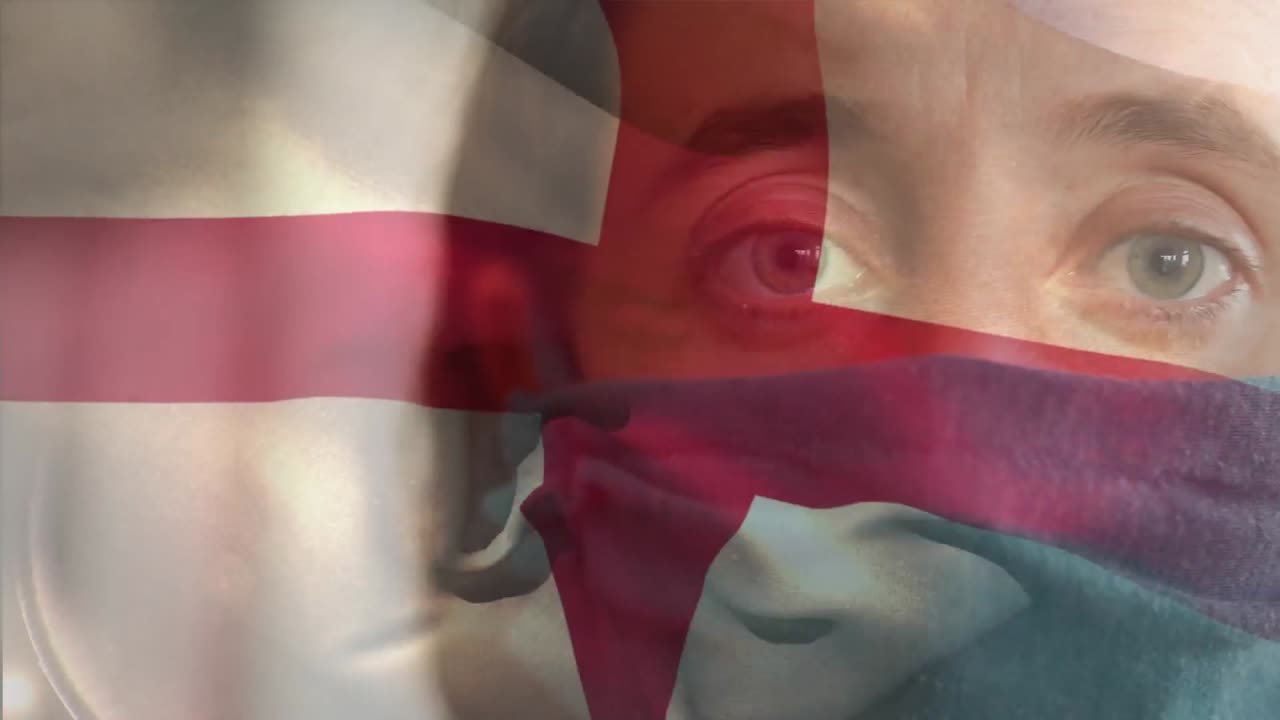bandera inglesa ondeando contra una mujer con una máscara facial