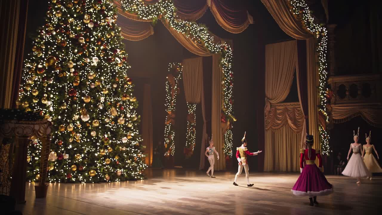 A wide-angle shot captures a festive ballet scene with dancers on stage, a grand Christmas tree