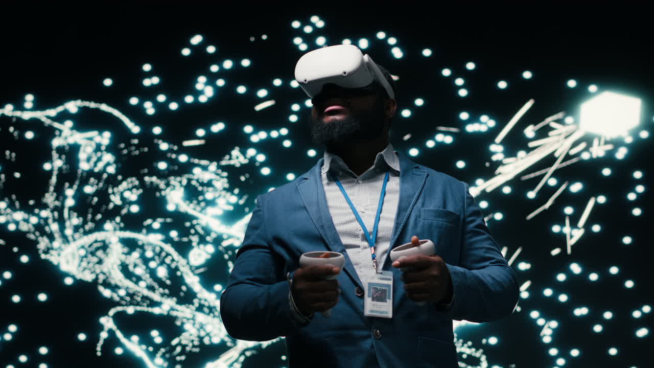 Man Wearing VR Headset Interacting with Virtual Reality in Digital Space