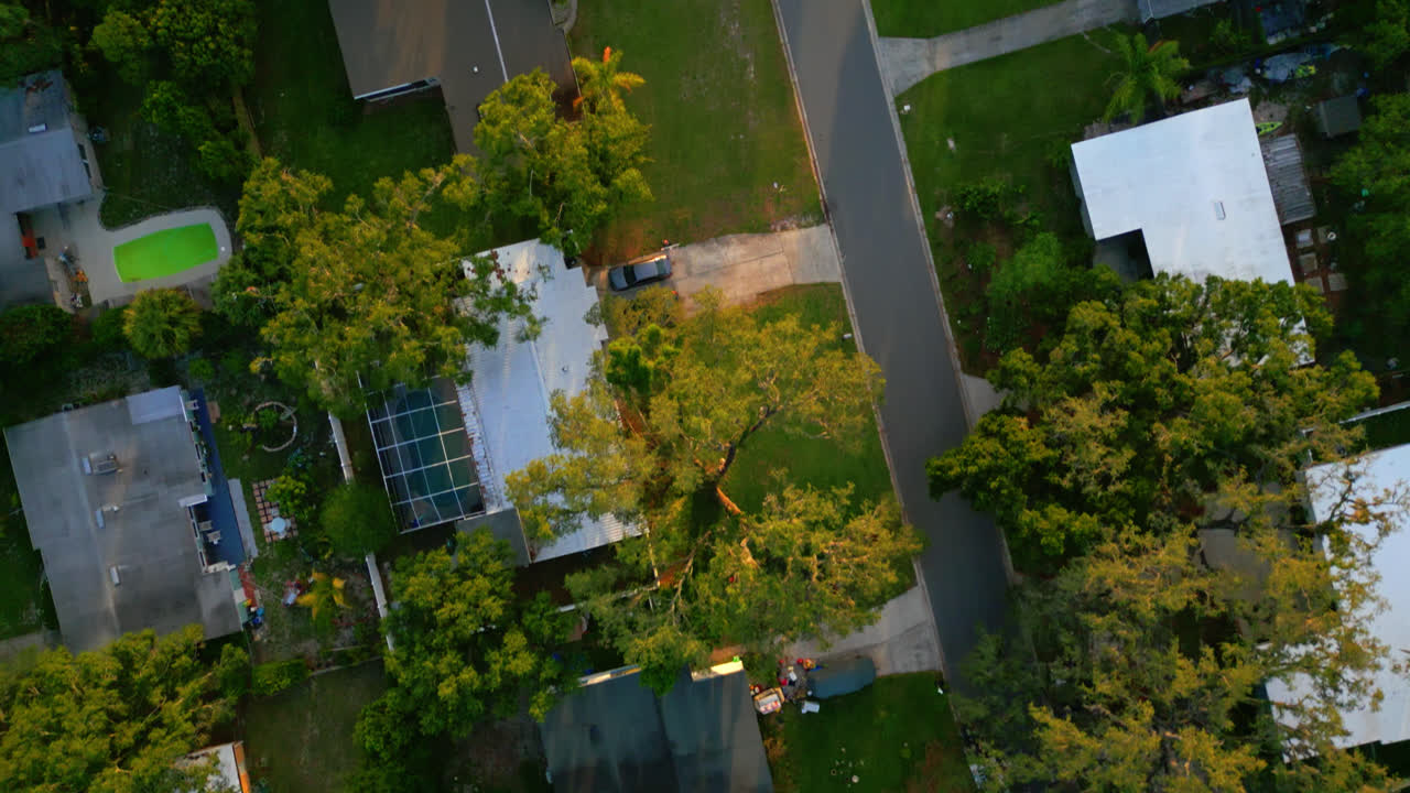 Streets Of A Residential Suburban Neighborhood With Dense Trees In Tampa, Florida. Aerial Drone Shot