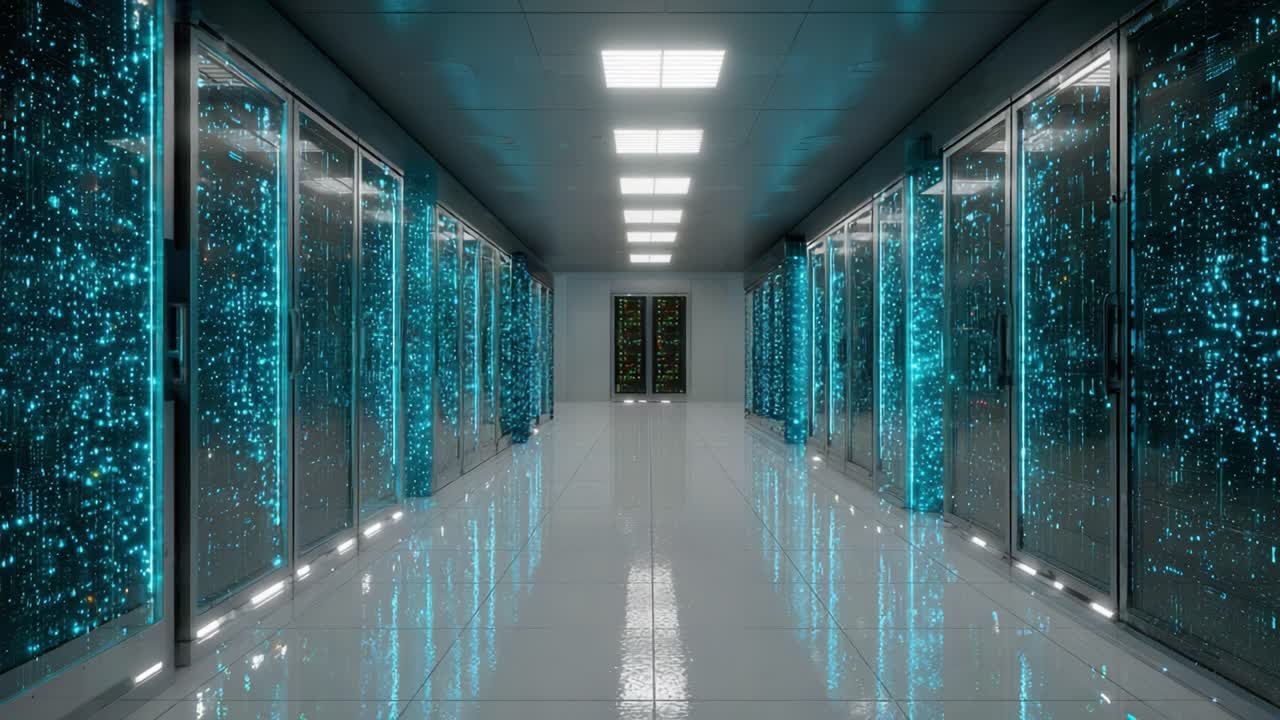 A Futuristic Data Center Corridor with Illuminated Servers and a High-Tech Aesthetic, Showcasing the Cutting-Edge of Modern Technology in a Bright, Clean Environment