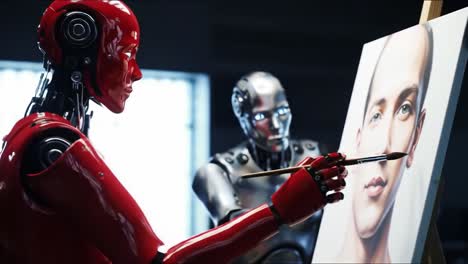 a futuristic scene of robots engaging in art: a red painted robot skillfully painting a portrait while another metallic robot observes intently in a modern studio environment