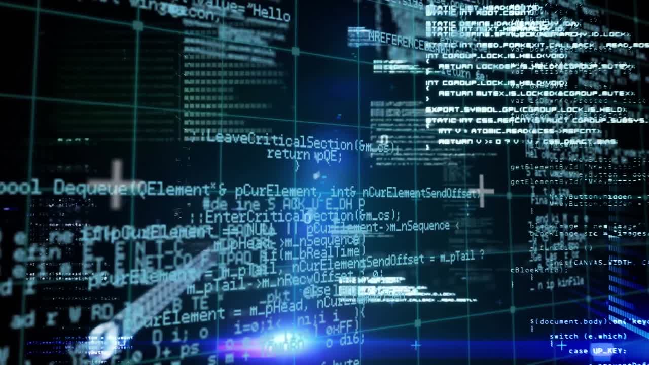 Animation of digital data processing over grid and glowing blue lights