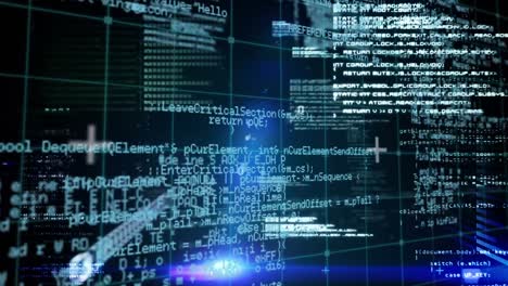 animazione dell'elaborazione dei dati digitali su griglia e luci blu incandescenti