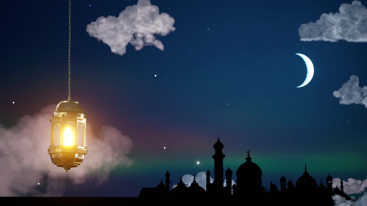 4k eid mubarak diseño islámico colgando linterna de vela de ramadán y mezquita, animación de fondo abstracta. eid muborak concepto de diseño islámico con ramadán. celebración religiosa de la fiesta musulmana asiática