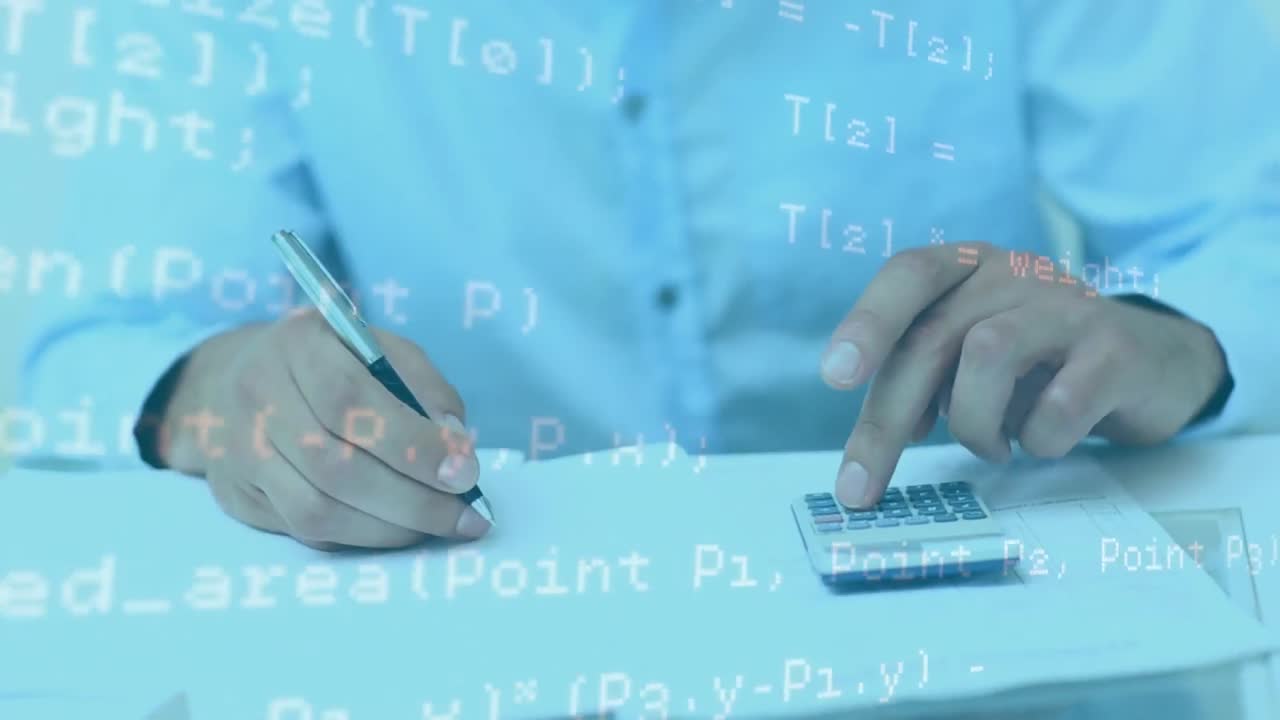 Animation of white data processing over man sitting, using calculator