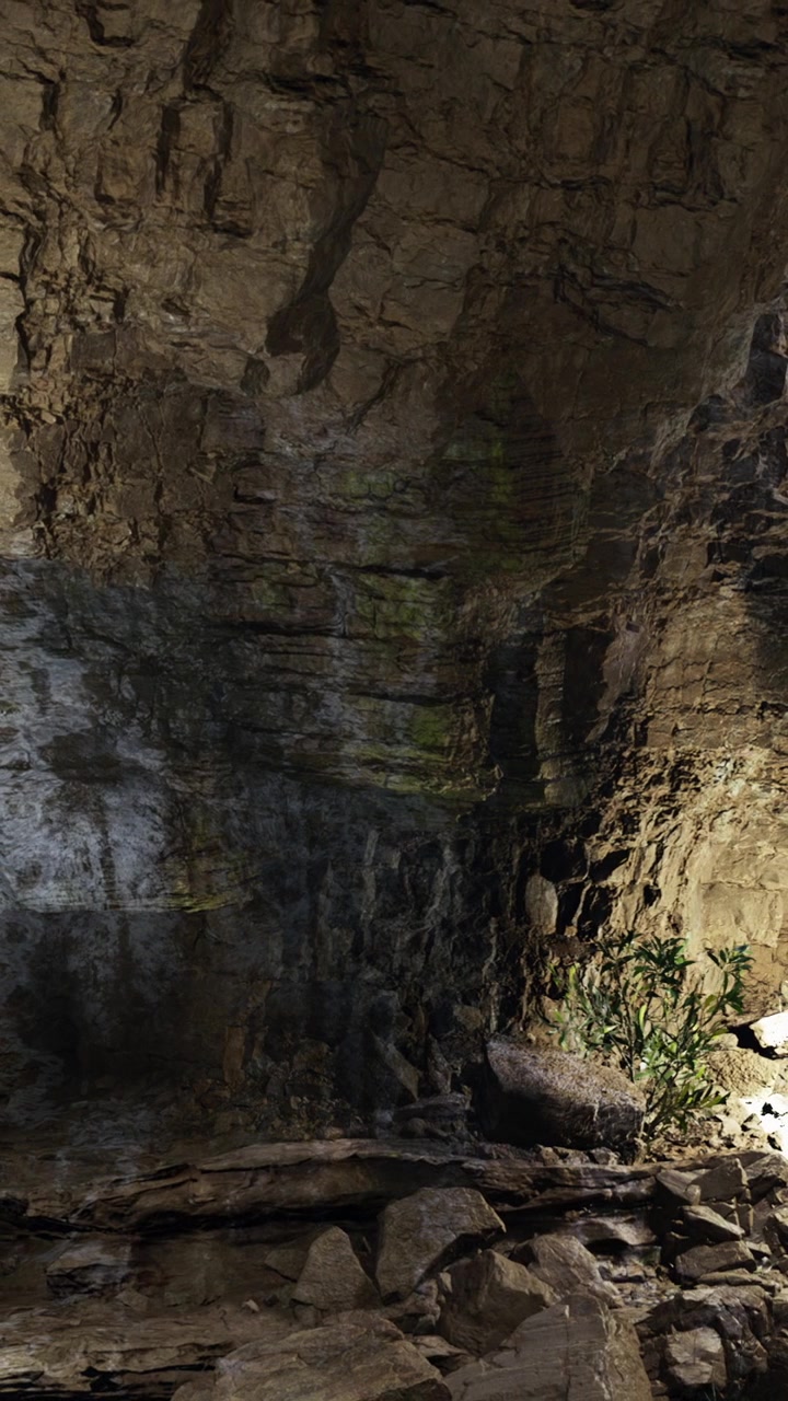 Esplorando una grotta con pareti rocciose e una piccola pianta verde che cresce al suo interno.