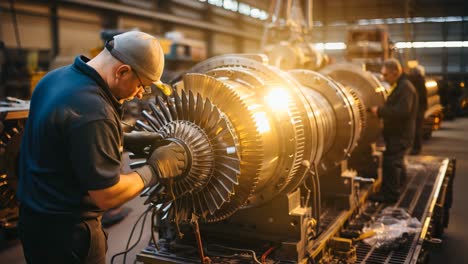technician working on a turbine engine in a large industrial facility