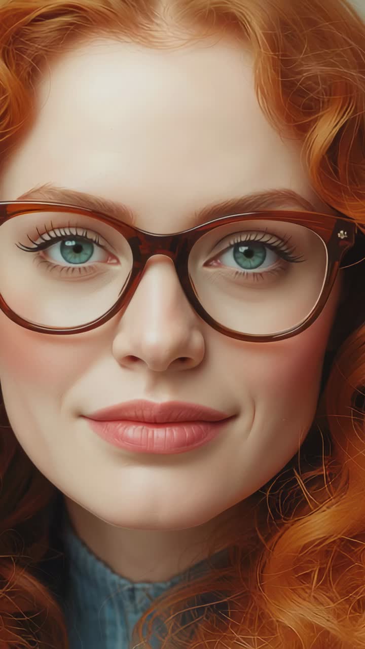 Vertical video: Tilting woman posing for headshot in studio while camera rolling, wearing glasses