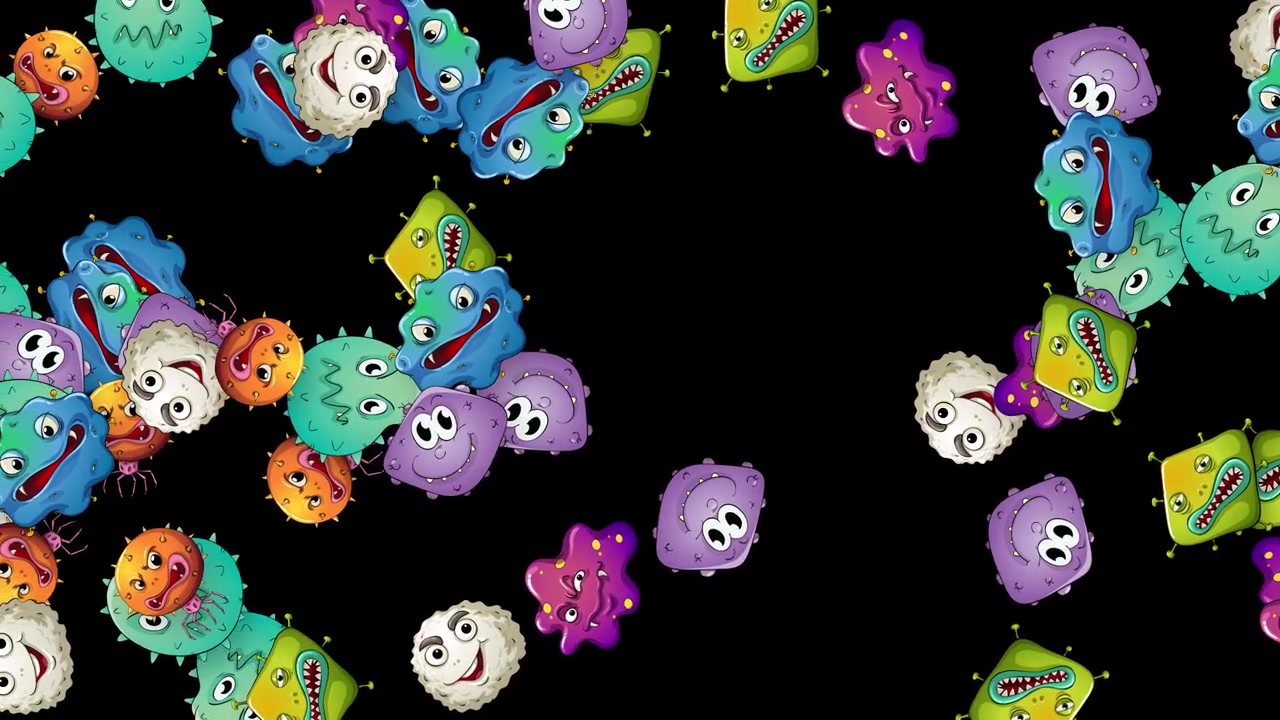 Vibrant animated microbes with expressive faces drift across a dark void in playful motion.