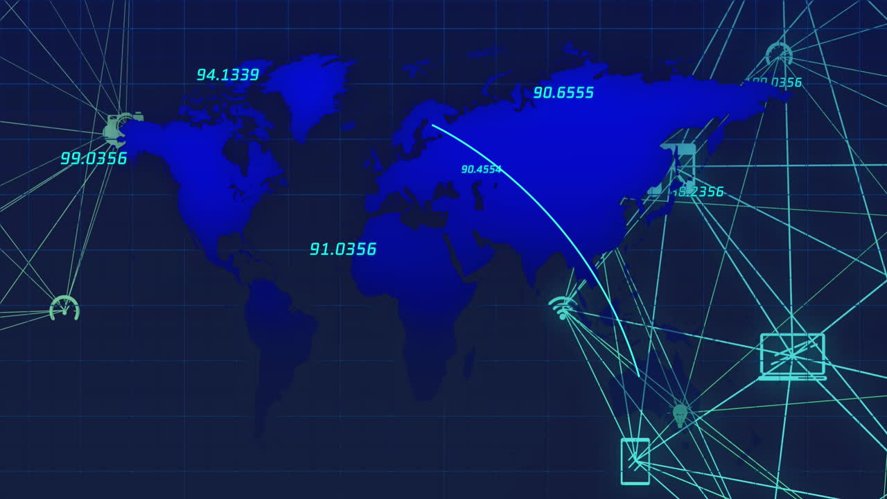 검은색 배경의 세계 지도를 통해 금융 데이터 처리 및 연결 네트워크의 애니메이션
