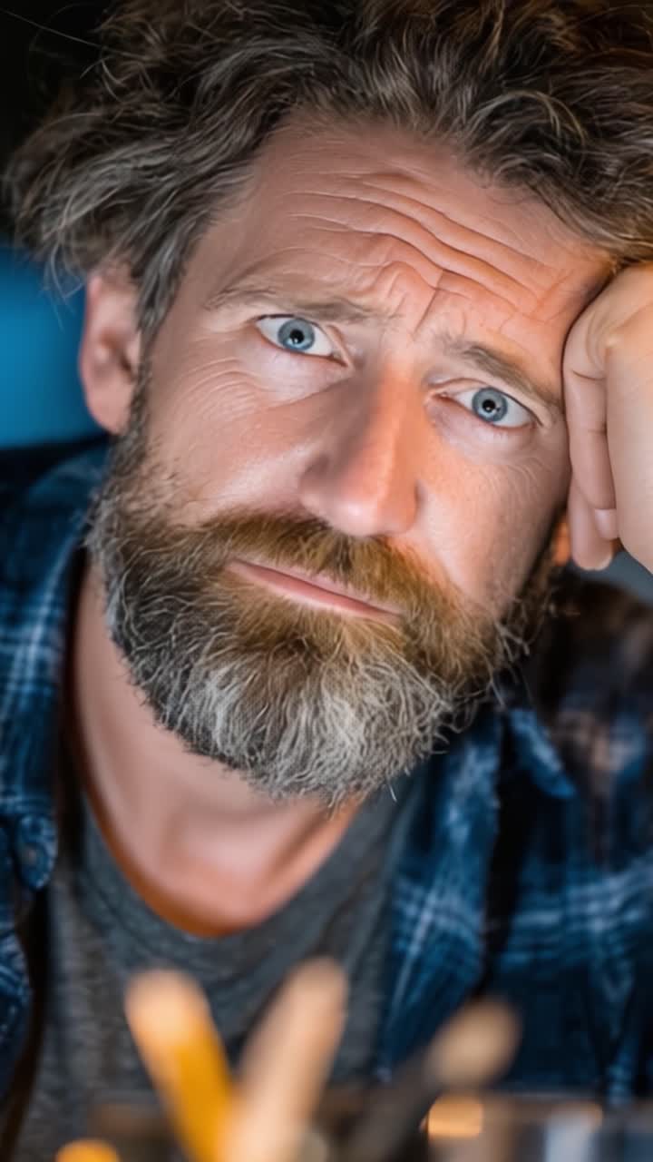 Ein nachdenklicher Moment festgehalten: Ein Mann mit nachdenklichem Ausdruck zeigt tiefe Emotionen durch seinen Blick und seine Präsenz, der über das Leben und die Erfahrungen um ihn herum nachdenkt