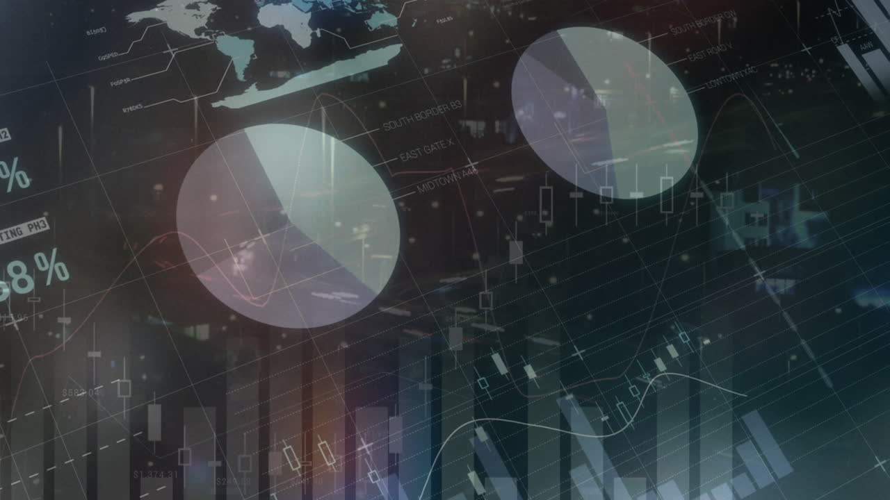 Animation of financial data processing over cityscape