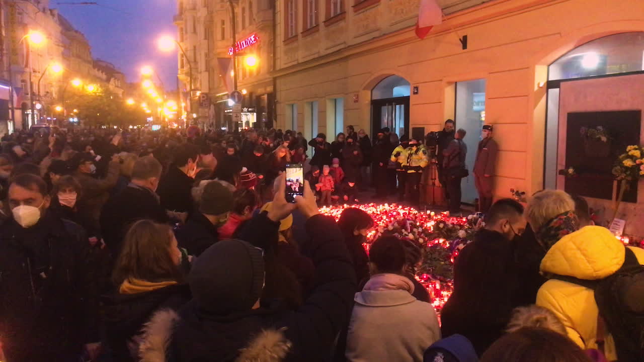 Czech people worship a 17th November of 1989, Velvet revolution holiday.Lighting candles in Prague,Narodní třída,Czechia.