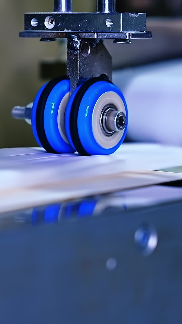Little blue rollers spin to make recesses on the diaper surface. Quickly rotating shafts of the conveyor line at the diaper manufacturing close up. Vertical video