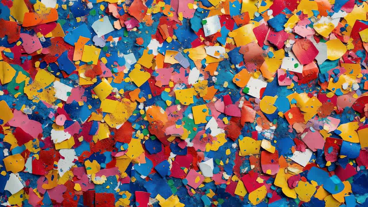 Multicolored paint fragments creating textured, weathered surface with random scattering, showcasing vibrant artistic pattern against blue background, capturing visual design element