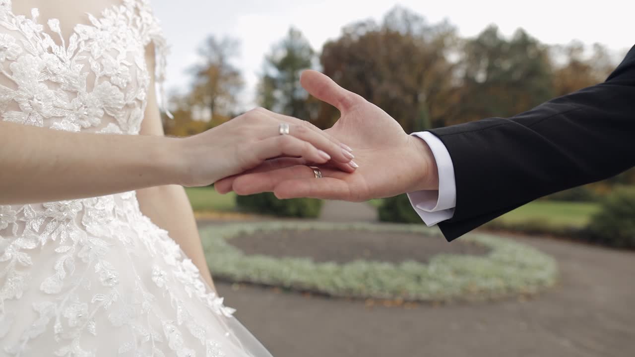 Newlyweds. Hands of groom with bride in the park. Wedding couple. Happy family