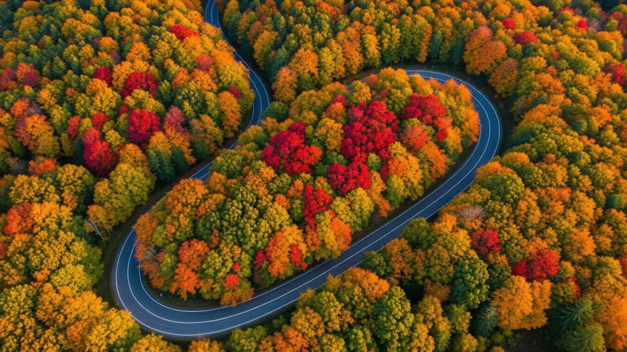 Aerial View of a Scenic Winding Road Through Vibrant Autumn Forests, Showcasing a Kaleidoscope of Fall Foliage in Red, Orange, Yellow, and Green Shades