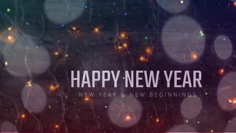 Animation-of-snow-falling-over-new-year-text-banner-against-colorful-spots-of-light