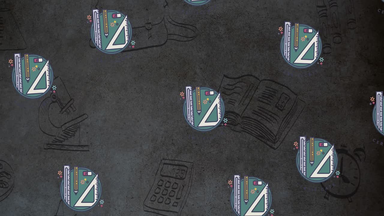 animación de los iconos de los artículos escolares que se mueven por la borda