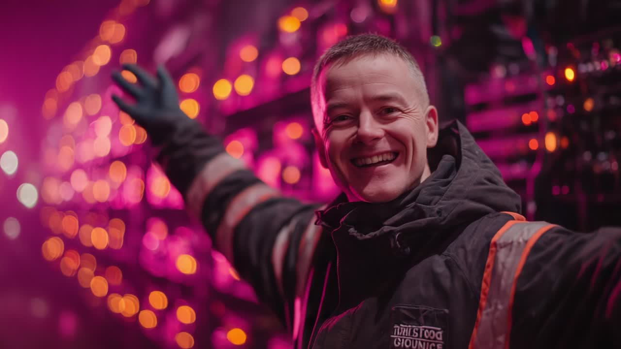 En glad teknolog feirer med en varm bølge midt i levende belysning på en travel scene, og fanger essensen av lidenskap og dedikasjon i underholdningsindustrien