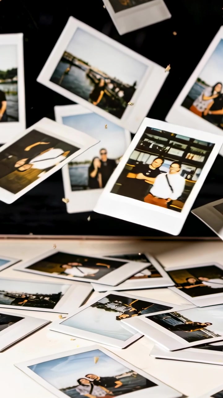 Vertikal video: Kameraet vipper, Polaroid-bilder faller ned på et bord i studio, viser fritidsklær