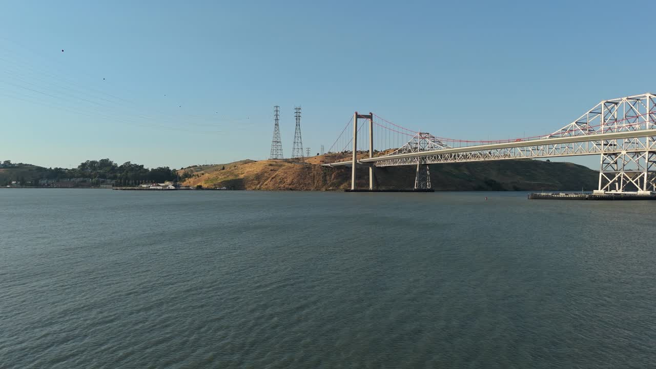 Establishing shot of the Carquinez Bridges near Crockett and Vallejo, CA