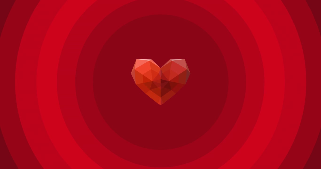Animazione di un cuore sopra cerchi rossi su sfondo rosso