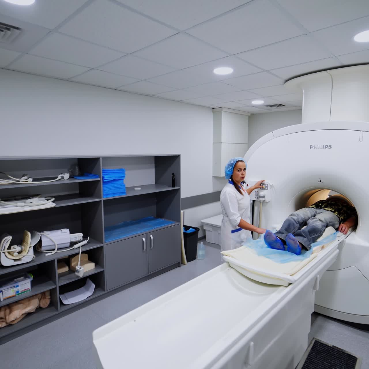 Un uomo è disteso all'interno dello scanner per risonanza magnetica. Un medico donna esce dalla stanza per andare in laboratorio. Esame di risonanza magnetica in un moderno ospedale