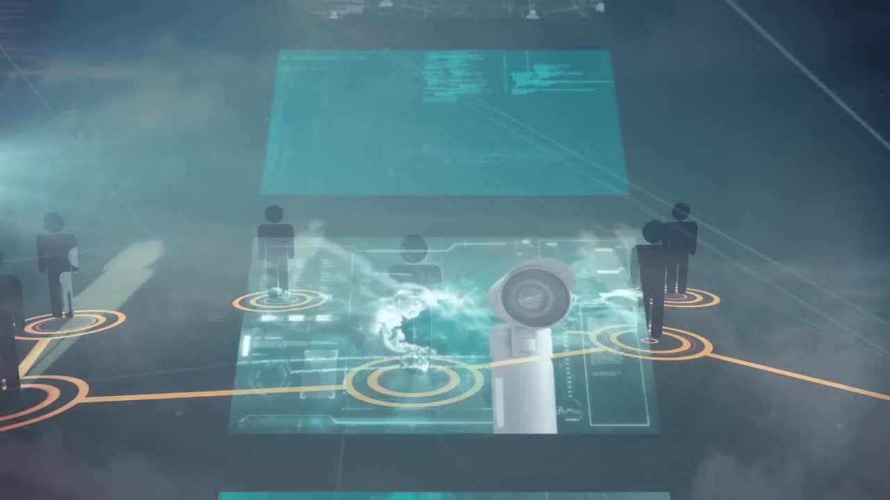 Network of businesspeople icons over screens with data processing against clouds in the sky