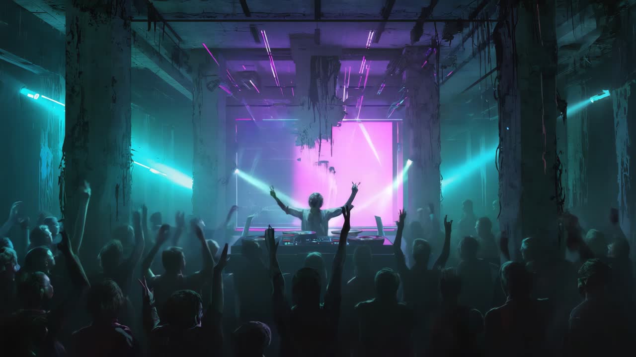DJ som uppträder för en livlig publik i en undergroundklubb