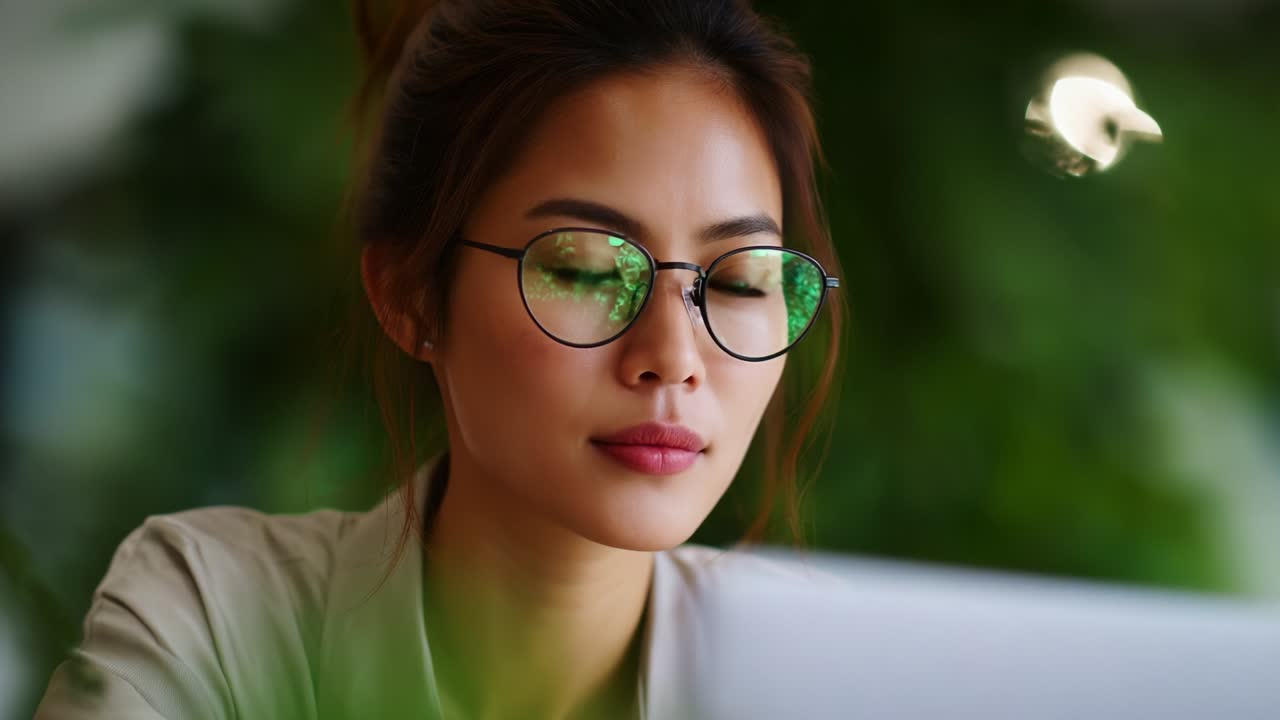 Focused Individual Engaged in Digital Work, Emphasizing Concentration and Productivity Amidst a Lush Green Environment, Showcasing a Modern Workspace with Technology and Nature Intertwined