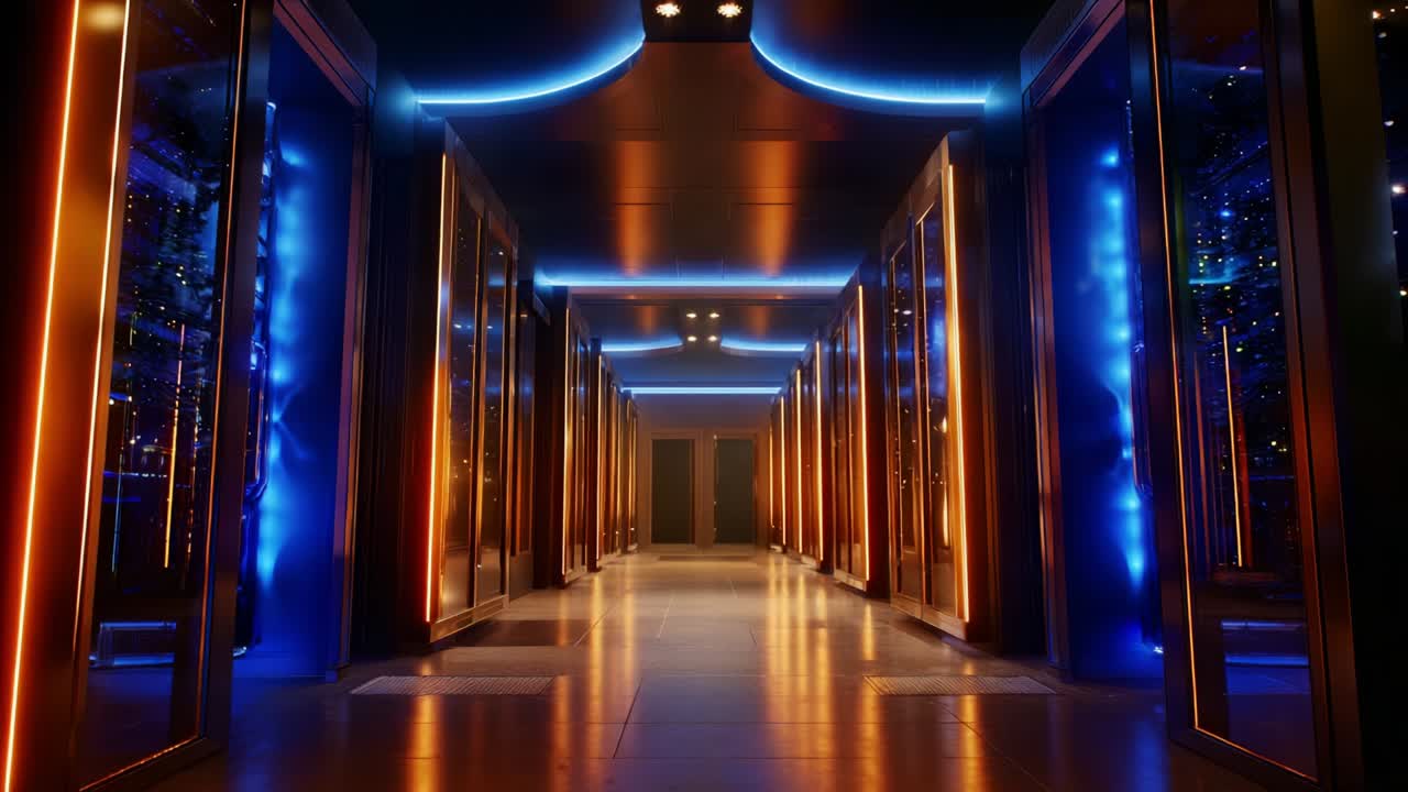 A Modern, Futuristic Corridor Bathed in Neon Lights, Featuring Rows of Glass-Cased Technology Displays and a Sleek, Polished Floor, Creating an Inviting Atmosphere for Exploration and Innovation