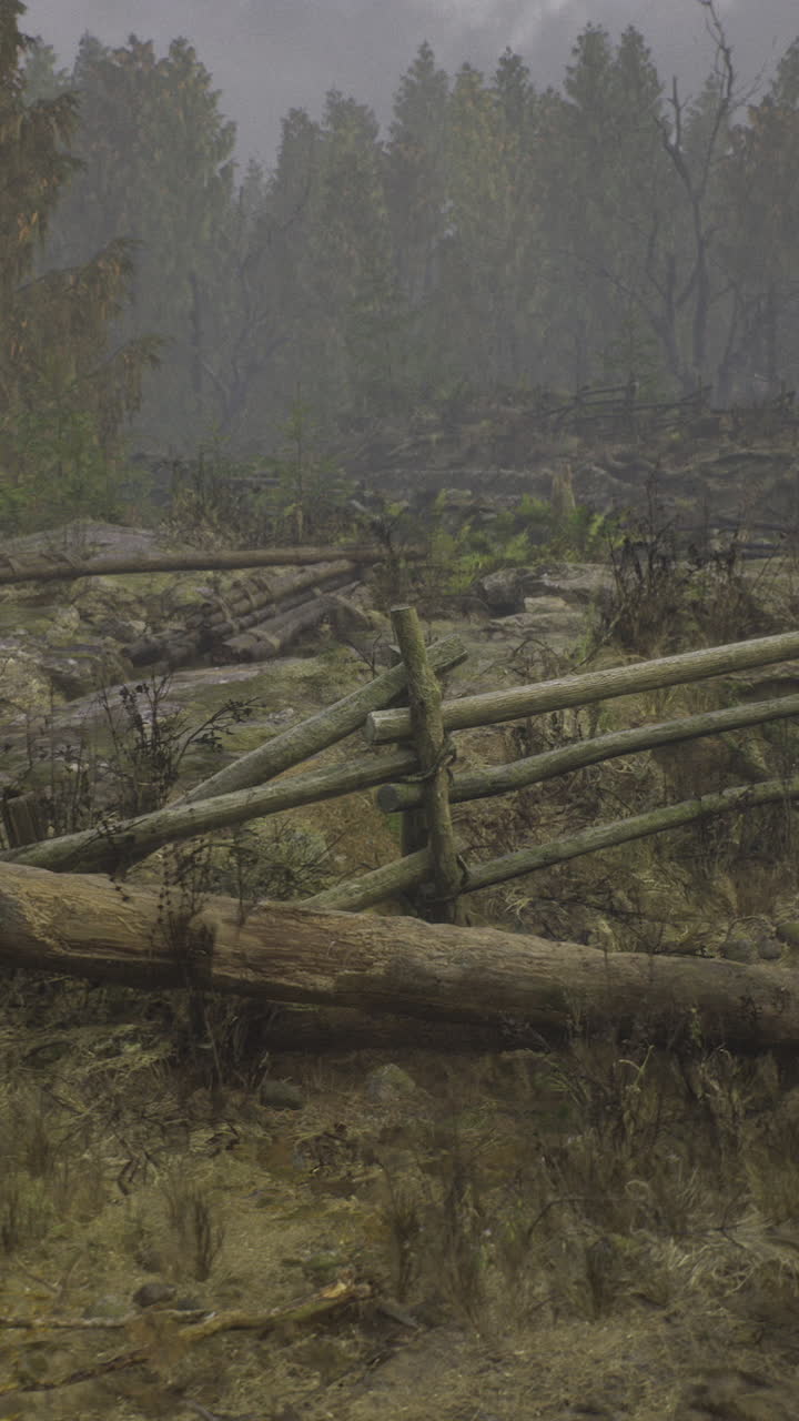 Misty forest landscape displaying a rustic wooden fence and overgrown path