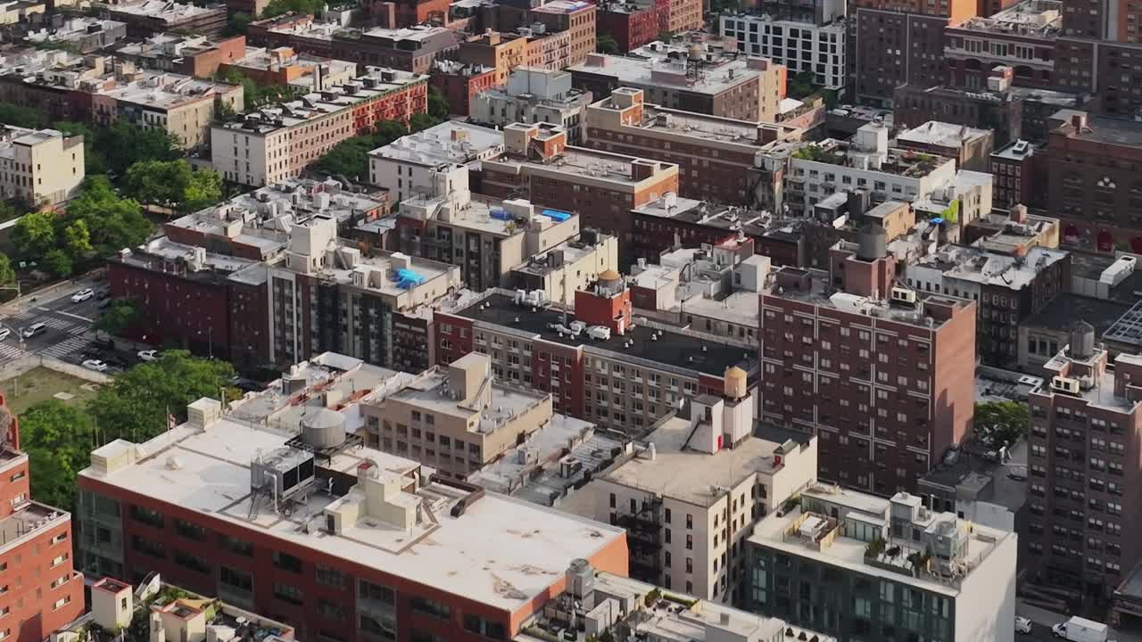 Elevated view of brick buildings in New York City captured by drone