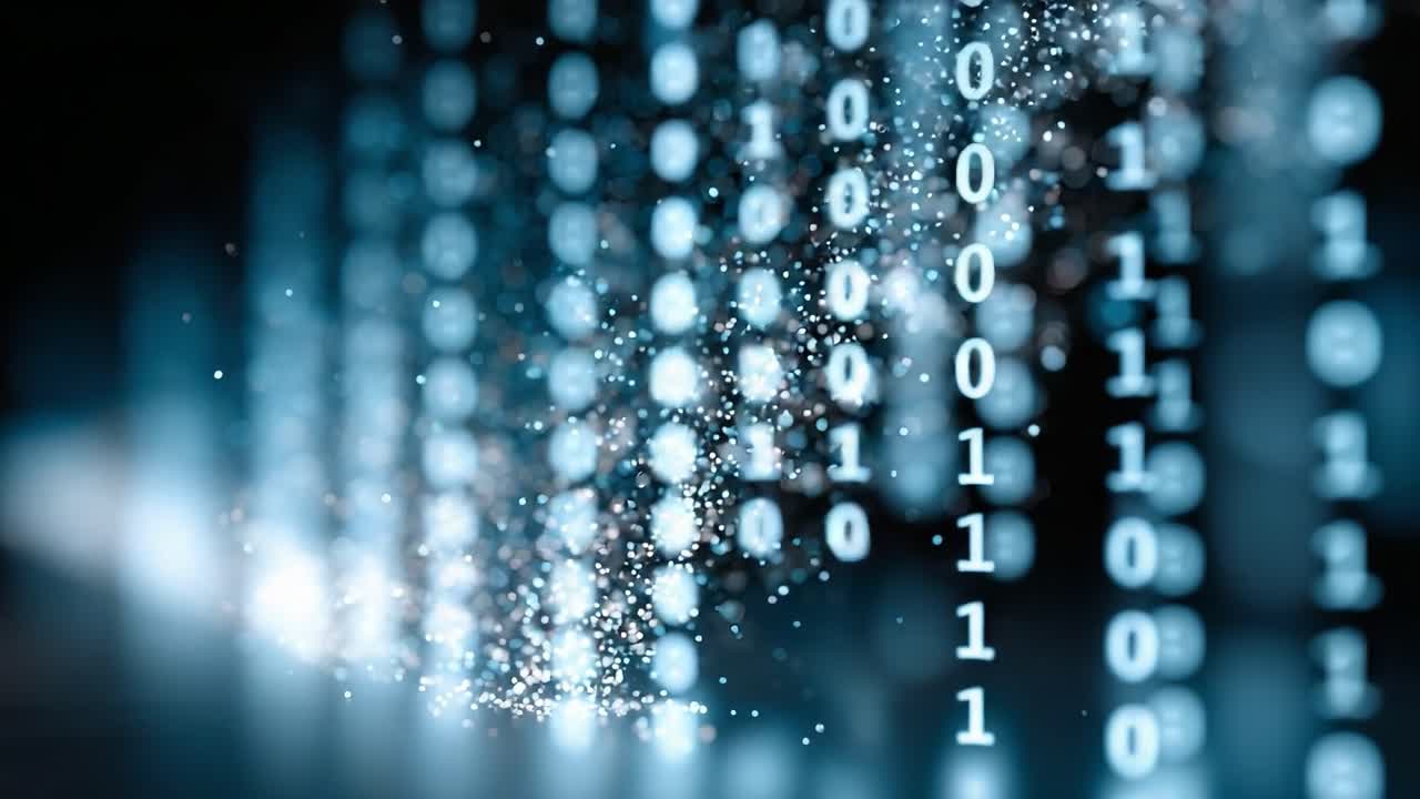 A Stunning Visual Display of Data Streams Depicting the Flow of Binary Code with a Sparkling Effect, Representing the Digital Universe and Information Technology