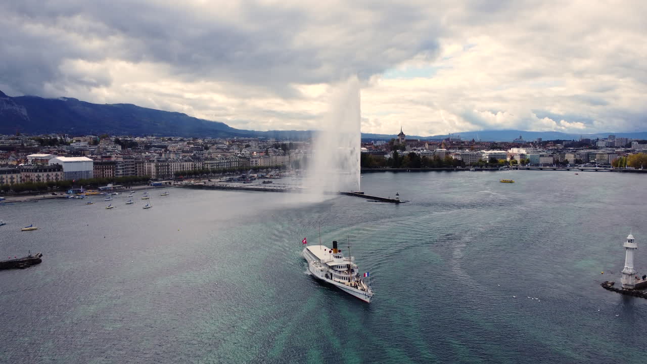 Aerial View Of Jet d'Eau de Geneve - Iconic Fountain By The Lake Geneva In Geneva, Switzerland.