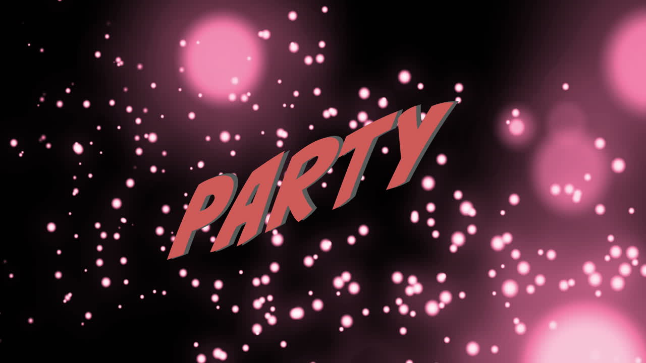 Animation of party text in orange letters over pink spots of light on pink background