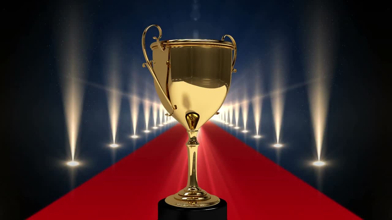 Animation of award trophy at floodlit, red carpet winners' prize giving ceremony