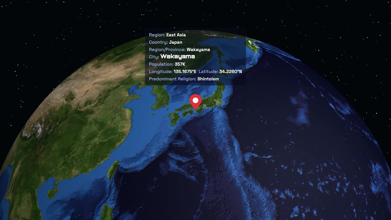 A rotating 3D globe zooms from space into Wakayama Japan with data overlay information
